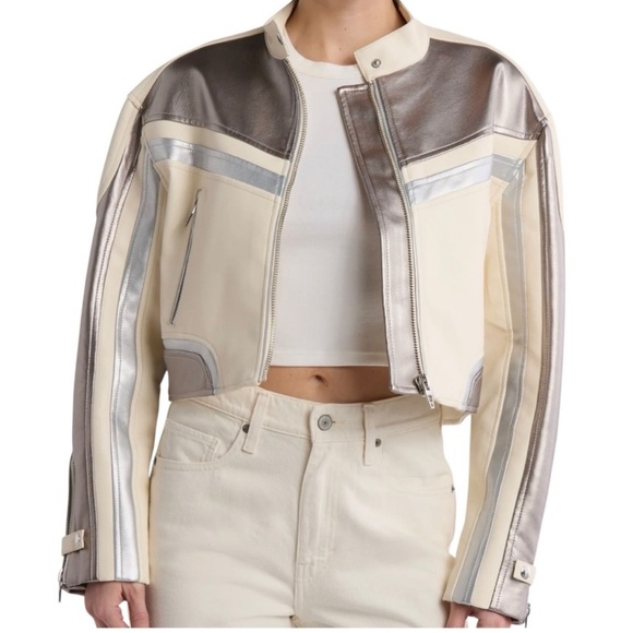 BLANKNYC Time Traveler Crop Racer Moto Jacket Vegan Leather XS Cream and Silver - Picture 1 of 15